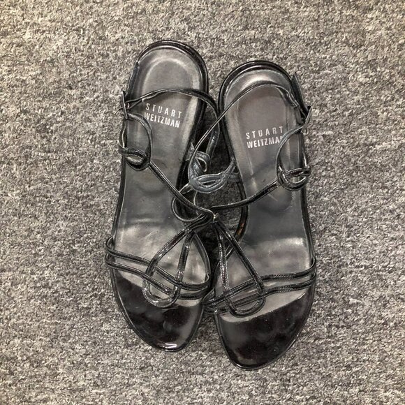 Stuart Weitzman Patent Leather Strappy Wedge Platform Sandals Black 7.5 - Picture 2 of 13
